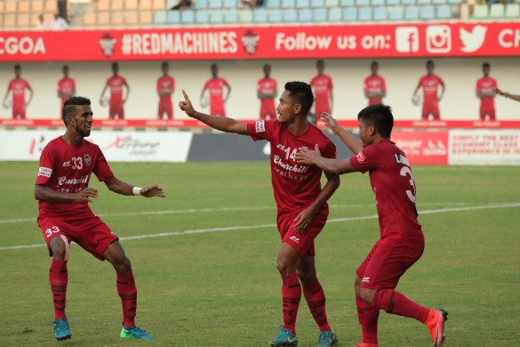 Wayne Vaz (left), Israel Gurung (centre), and Lamgoulen Hangshing (right) celebrate after Israel scores